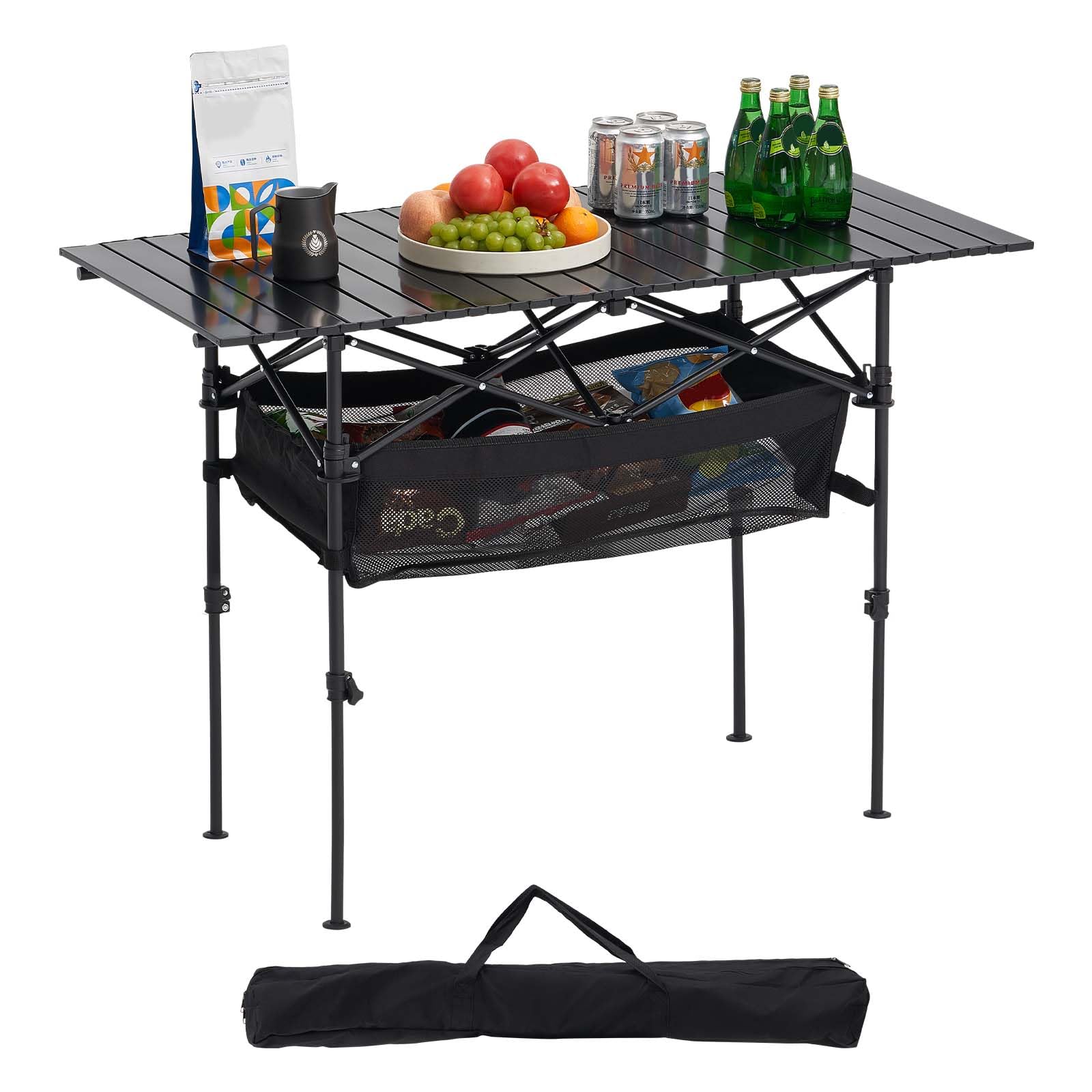 VEVOR Mesa de Camping Plegable Portátil Enrollable, Aluminio, con Altura Ajustable, Bolsa de Almacenamiento Grande y de Transporte, para Barbacoas, Picnics, Viajes, 1200 x 550 x 500 mm, Negro