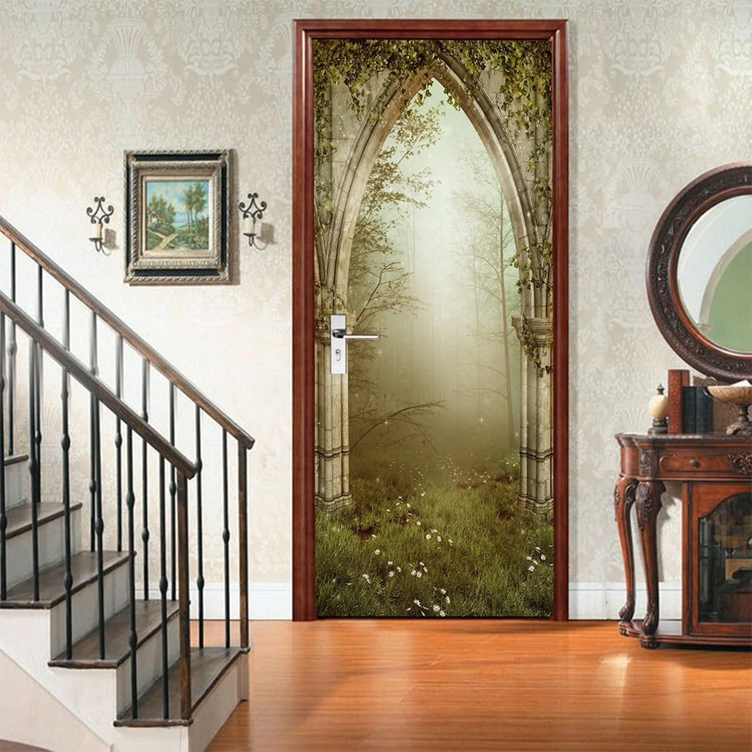 A.Monamour 3D Door Stickers for Interior Doors Old Gothic Ruins Arch with Ivy Forest Vinyl Waterproof Self Adhesive Door Mural Decals for Bedroom Office Bathroom 85 x 200 cm