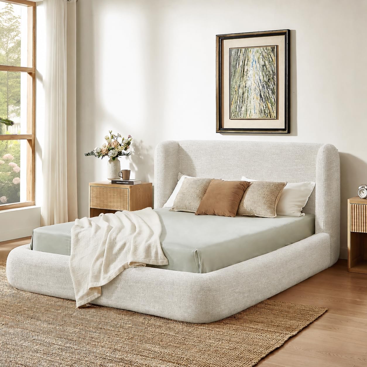 Yechen Queen Platform Bed Frame, Upholstered Queen Bed Frame with Headboard, 5.9" Thick Padded Cloud Bed Frame with Performance Fabric, Easy Assembly, No Box Spring Needed, Noise Free, Soft Gray