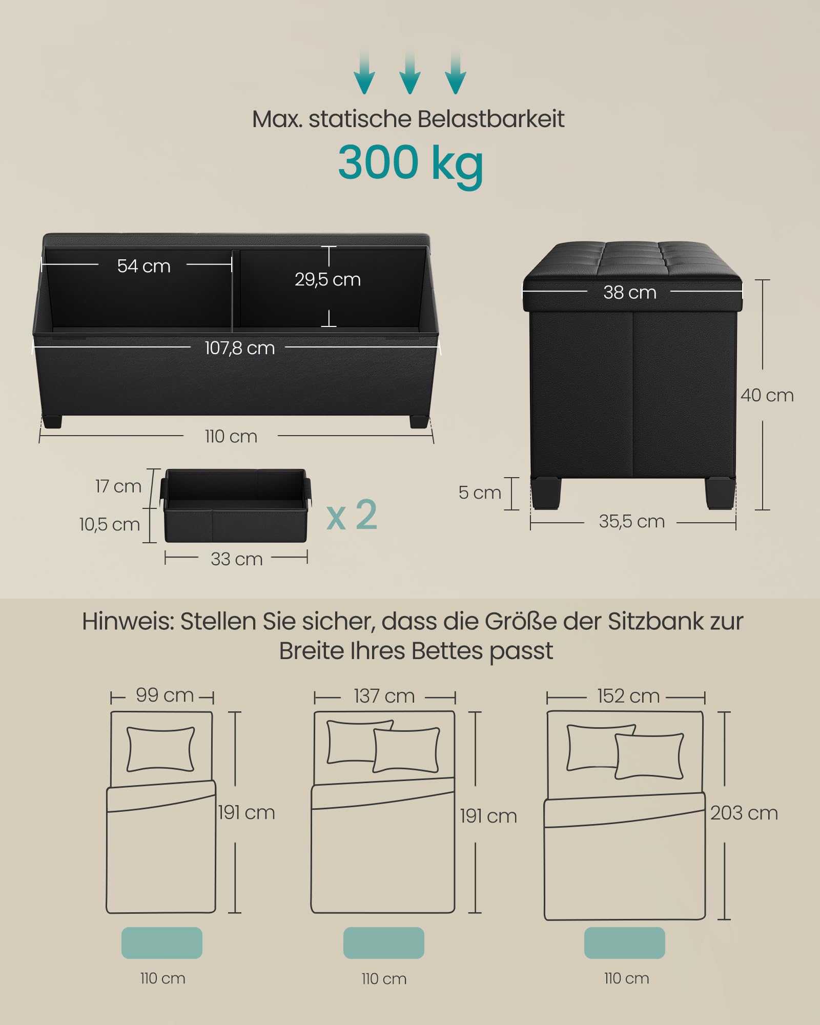 SONGMICS Sitzhocker mit Stauraum, klappbare Sitzbank mit Beinen, 38 x 110 x 40 cm Fußbank, Aufbewahrungsbox, bis 300 kg belastbar, für Wohnzimmer Schlafzimmer Flur, Schwarz LSF0514B02