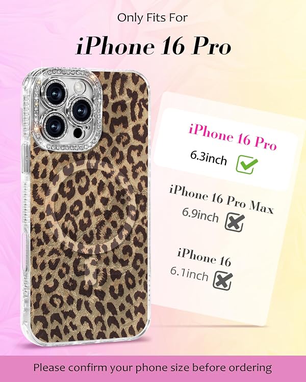 Toycamp Compatible with iPhone 16 Pro Case - Compatible with Magsafe Aesthetic Cute Brown Leopard Holographic i 16 Pro Case with Diamond Bling Lens Protector for Apple 16 Pro Cover for Women Girls by Toycamp - Used condition - Image 2