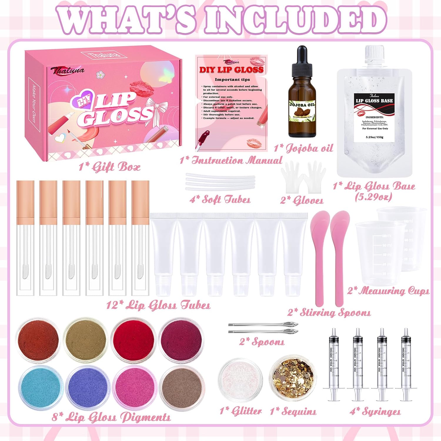 Thaluna Lip Gloss Making Kit, Lip Gloss Set for Teens Lip Kit Fun DIY Lipgloss Making Kit, Make Your Own Lip Gloss Kit, Moisturizing Lipgloss Base, Jojoba Oil, Women Gifts | Fun Lip Gloss