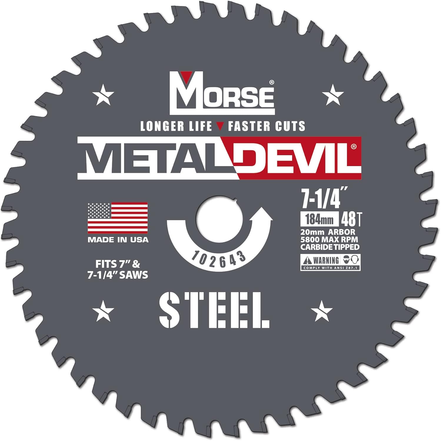 Morse Metal Devil CSM7254820FSC, Circular Saw Blade, Carbide Tipped, Steel Cutting, 7-1/4 inch, 1 Pack