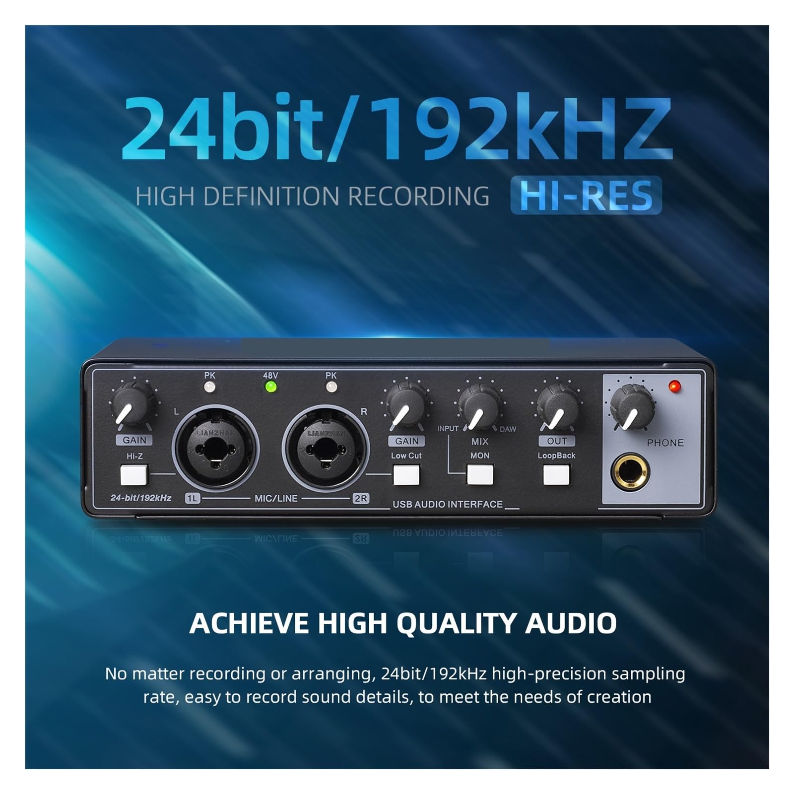 Scheda Audio Interfaccia Audio Convertitore AD USB 24 Bit/192 KHz, Chitarra Elettrica Studio Di Registrazione Dal Vivo Canto, Podcast