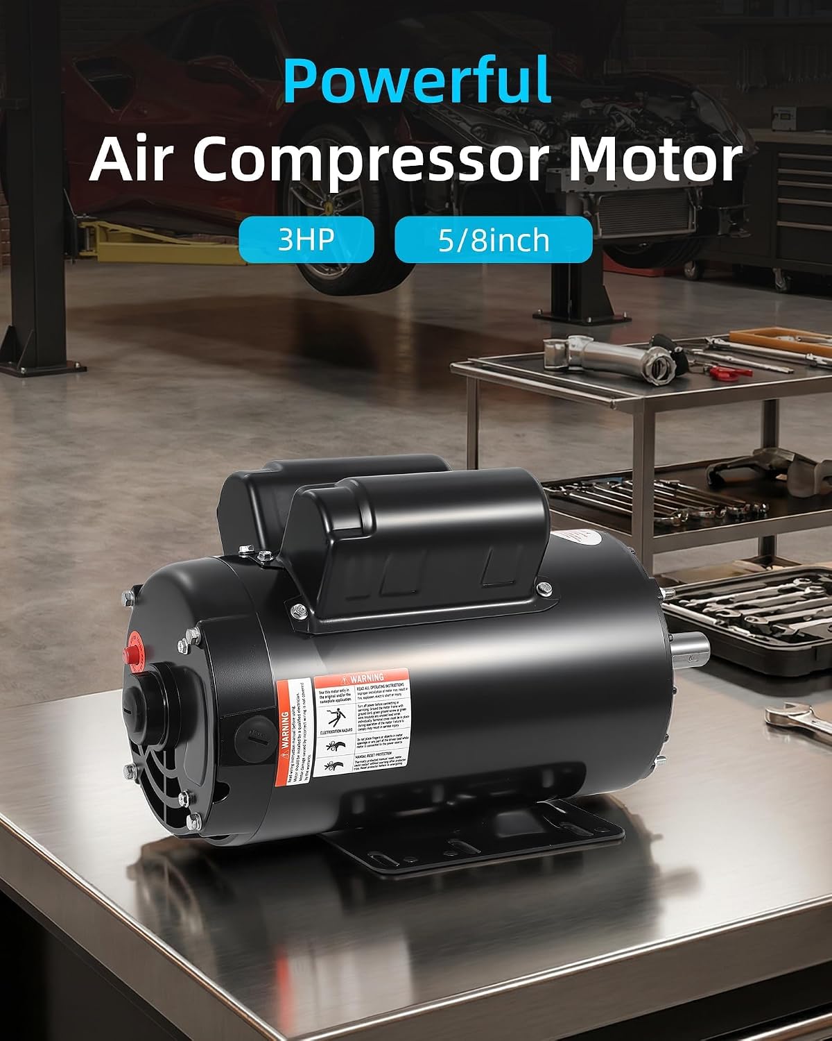 3HP SPL Air Compressor Electric Motor, 230V 17.6Amps, 56 Frame 3450RPM, 5/8“ Keyed Shaft, 1.88” Shaft Length, Single Phase, CW/CCW Rotation, Powerful Motor for General Equipment