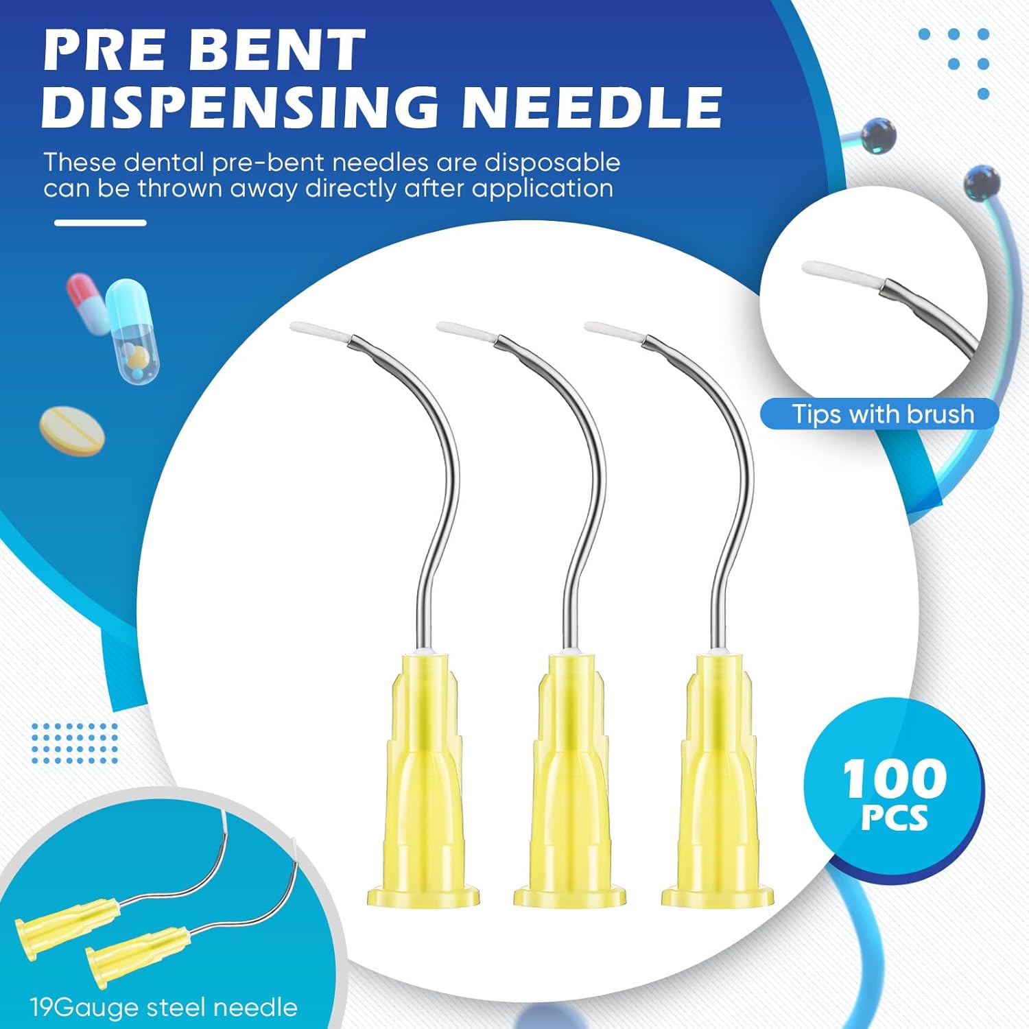 Threlaco 100 Pcs Mixing Tips 19g Bent Dispensing Tips with Brush End Disposable Oral Irrigation Needle for Oil or Glue Applicator