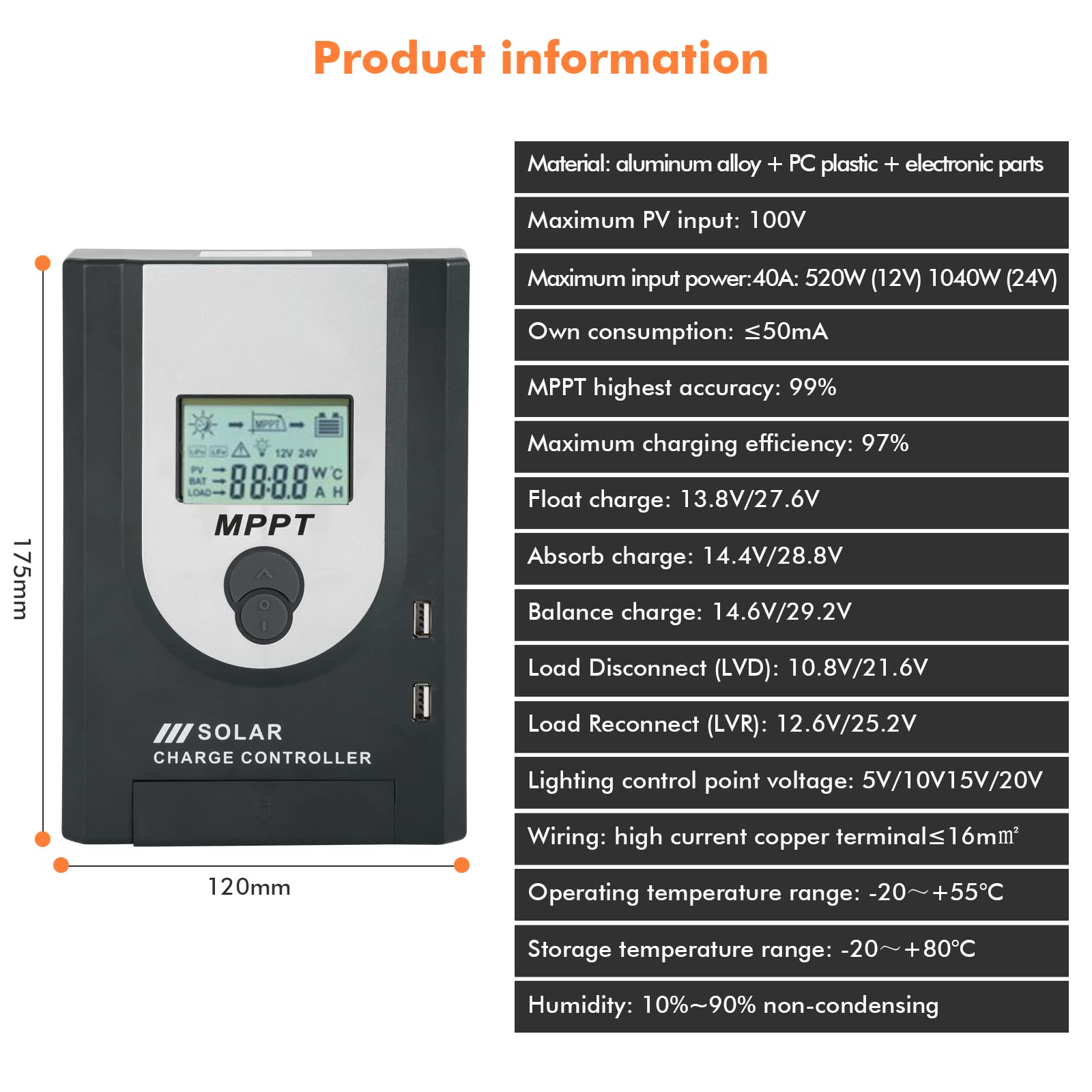 Jadeshay Regolatore di Carica Solare MPPT 12V 24V Regolatore della Batteria del Pannello Solare Display LCD 20A 40A 60A Regolatore della Batteria fotovoltaica (60A)