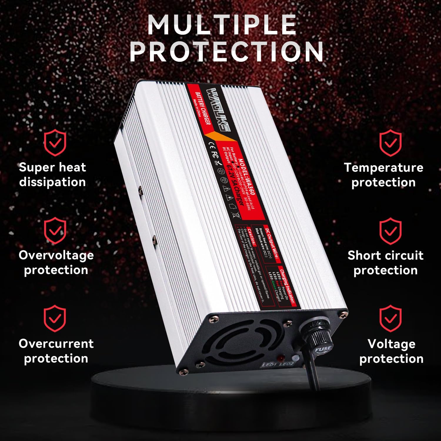 67.2V 5A Charger 67.2V Lithium Battery Charger 60V Smart Charger Output GX16-3pin 1+ 3-/GX16-3pin 1+ 2- Connector Used for 16S 60V Li-ion Battery Pack