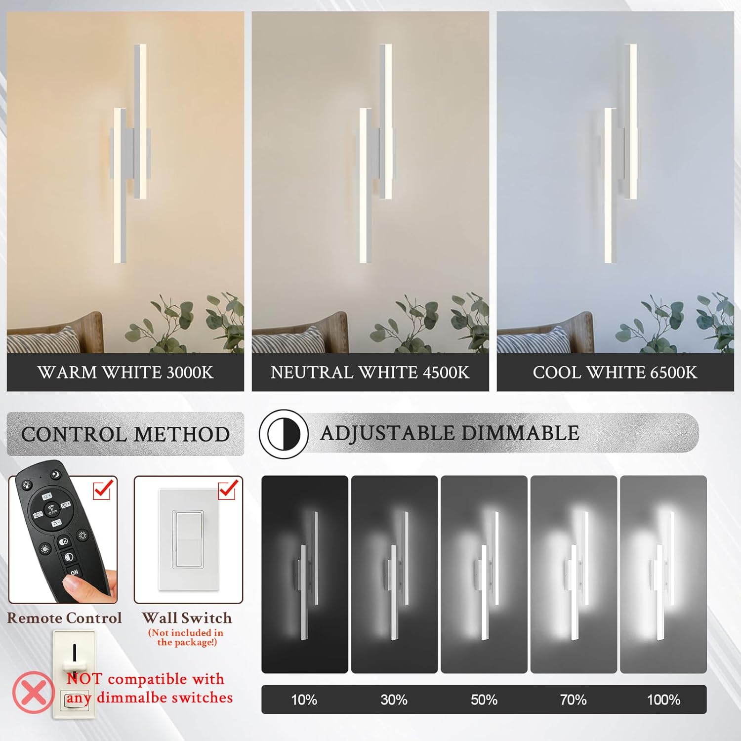 LED Wall Sconce Silver Modern Remote Wall Light Fixtures for Living Room, Dimmable LED Vanity Light Indoor Remote Wall Sconce for Bedside Bedroom Bathroom Dining Room, 23.6inch 1 Pack