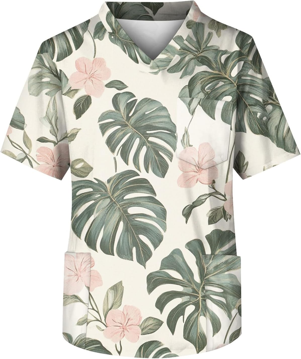 Men's Hawaiian Print Scrub Top V Neck Short Sleeve Spring Summer Work Shirts with Pockets