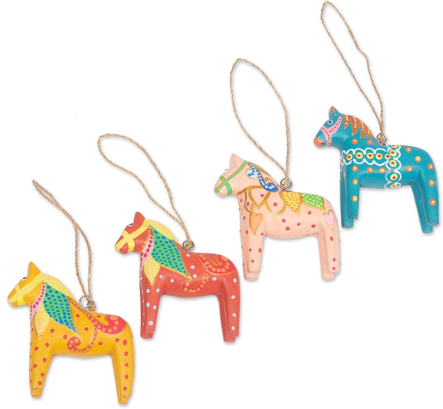NOVICA Artisan Handmade Wood Ornaments Set of 4 Artisanpainted Christmas Horse Assorted Indonesia Holiday Decor [ 3.7in H x 3.7in W x 1.2in D] ' Pretty Dala Horses' Set of 4