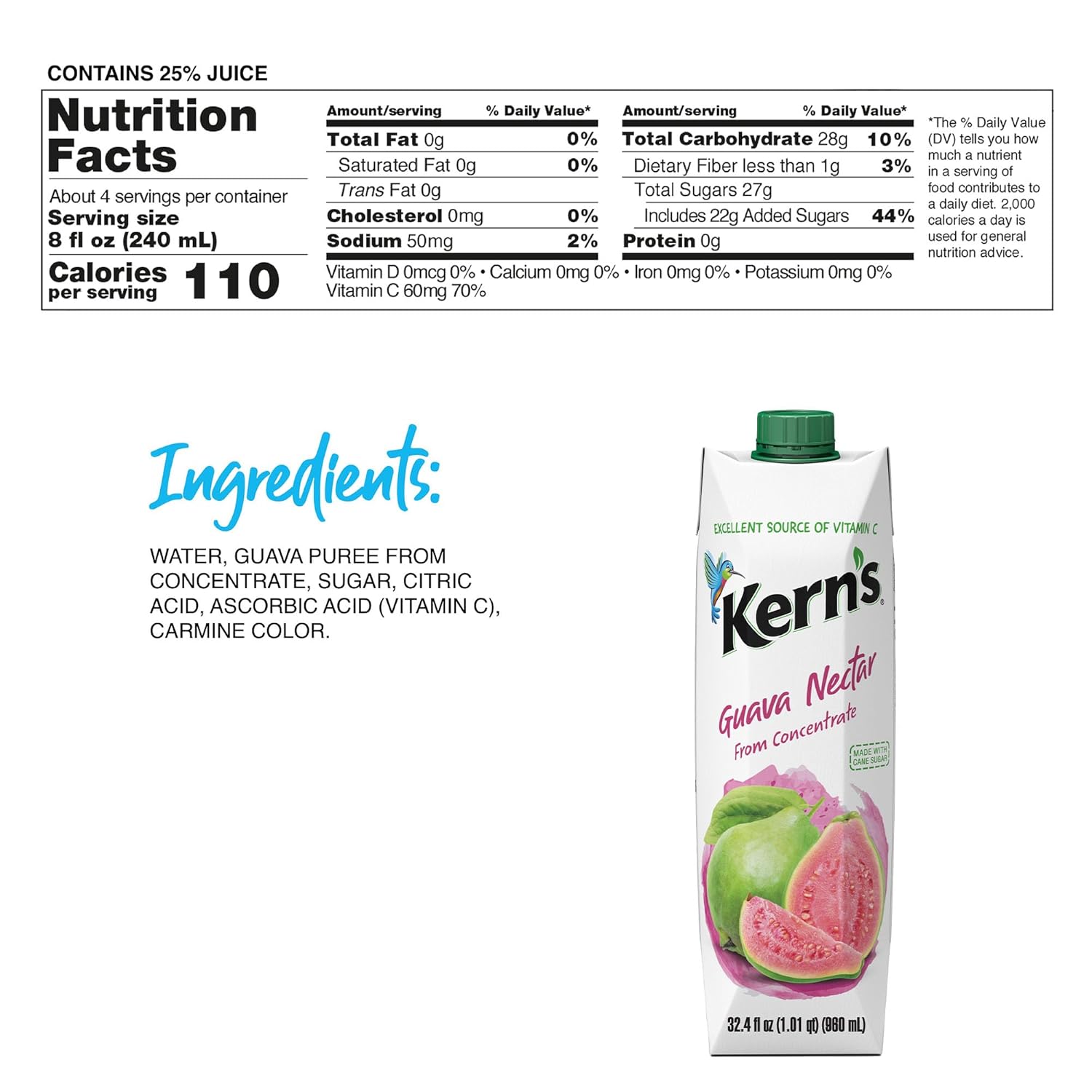 Kern’s Guava Juice Nectar - Guava Nectar Made with Fresh Fruit Puree - Tropical Fruit Juice Concentrate for Smoothie Mix, Cocktail Mixers, Kids Drinks & Mexican Beverages - 32.4oz, 60 Pack Carton