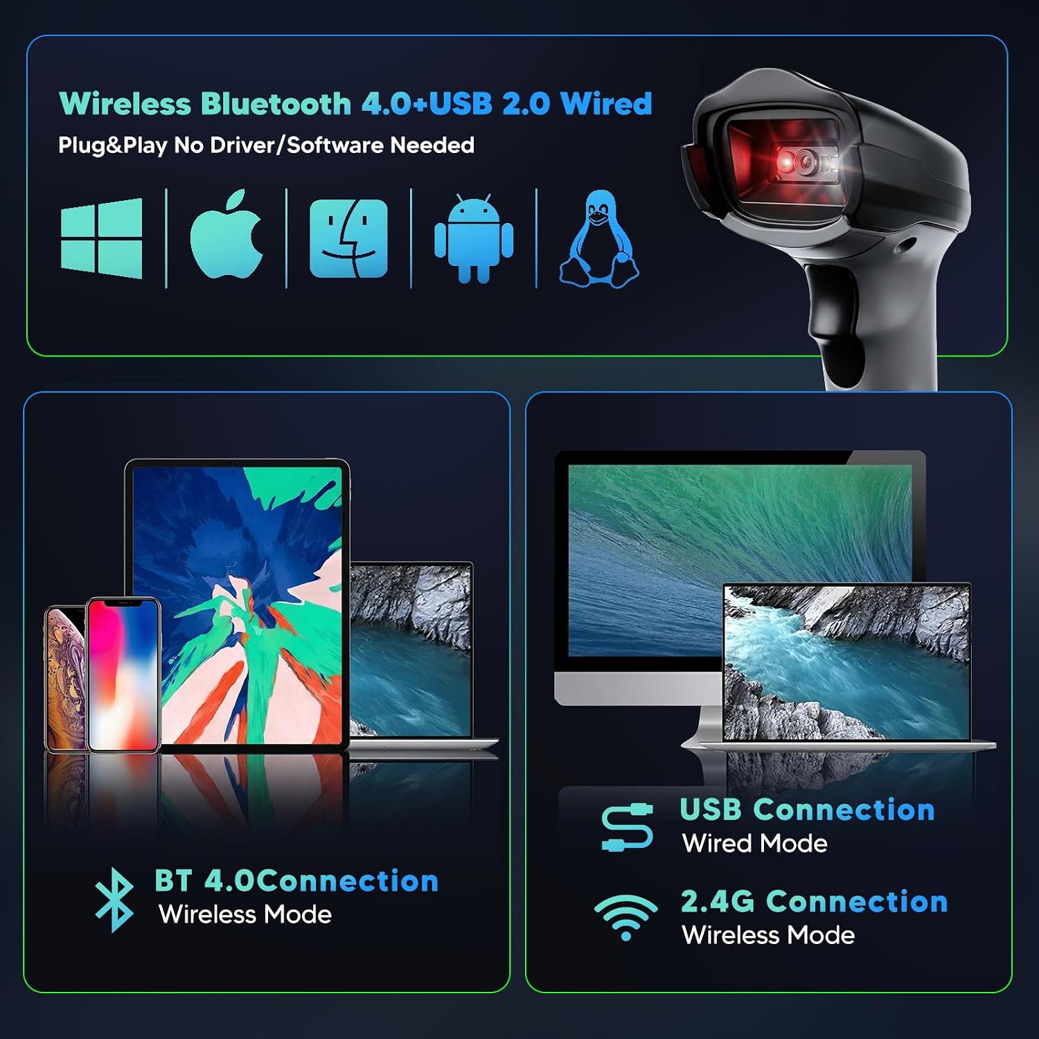 Wireless 2D Barcode Scanner，Wireless & Bluetooth & USB Wired Connection, Connect Smart Phone, Tablet, PC,Handheld Bar Code Reader for Inventory - USB Bar Code/QR Reader