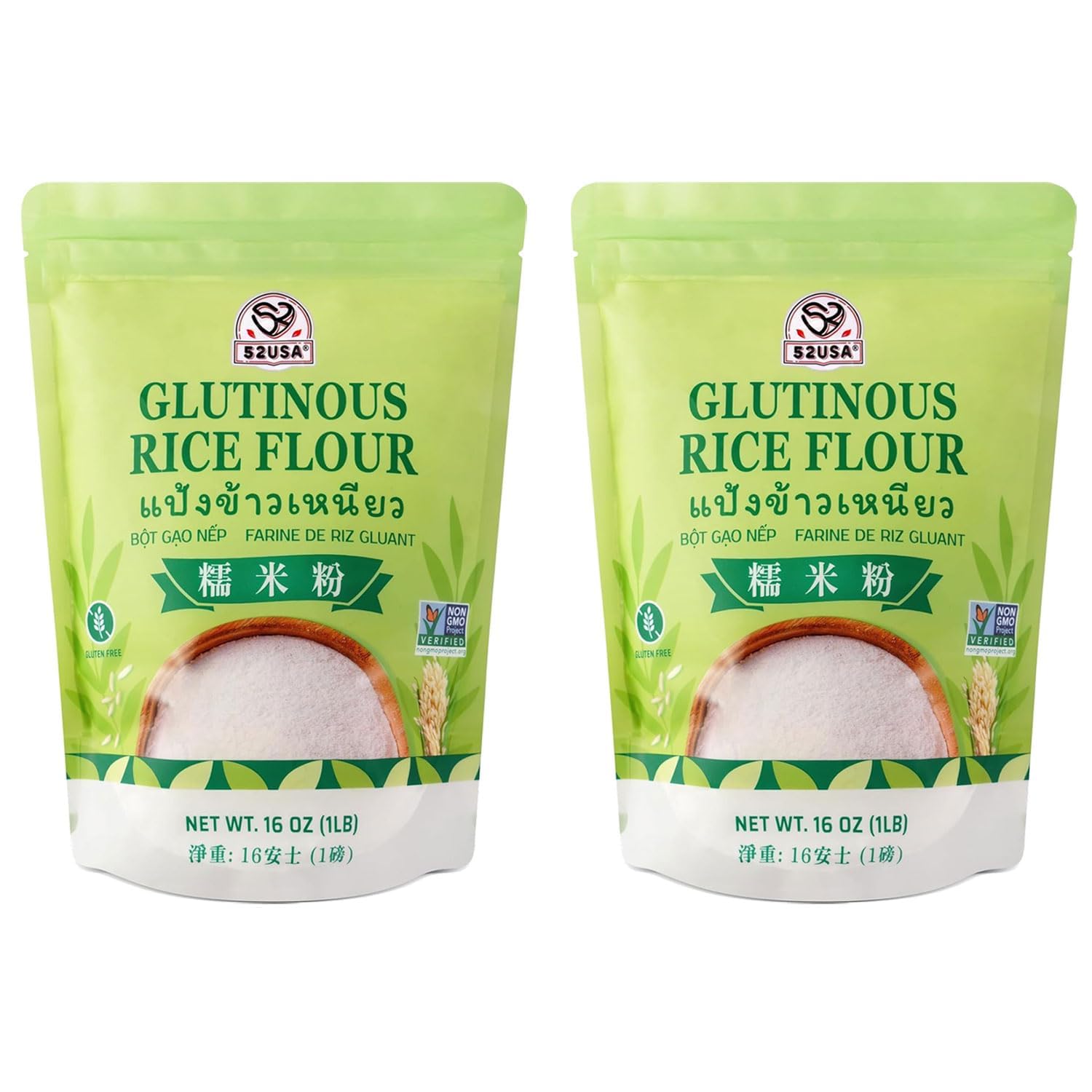 52USA Farine de riz gluante 907,2 g (basique), 0,9 kg (2 pièces), farine de riz pour la cuisson ou la cuisson, produit de Thaïlande, farine de riz blanche entièrement naturelle, végétalienne, avec sac