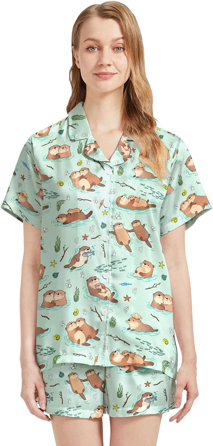 Funny Pajamas for Women Set Print Satin Loungewear Pjs Short Sleeve Button Down Top and Shorts Sets Sleepwear XS-3XL