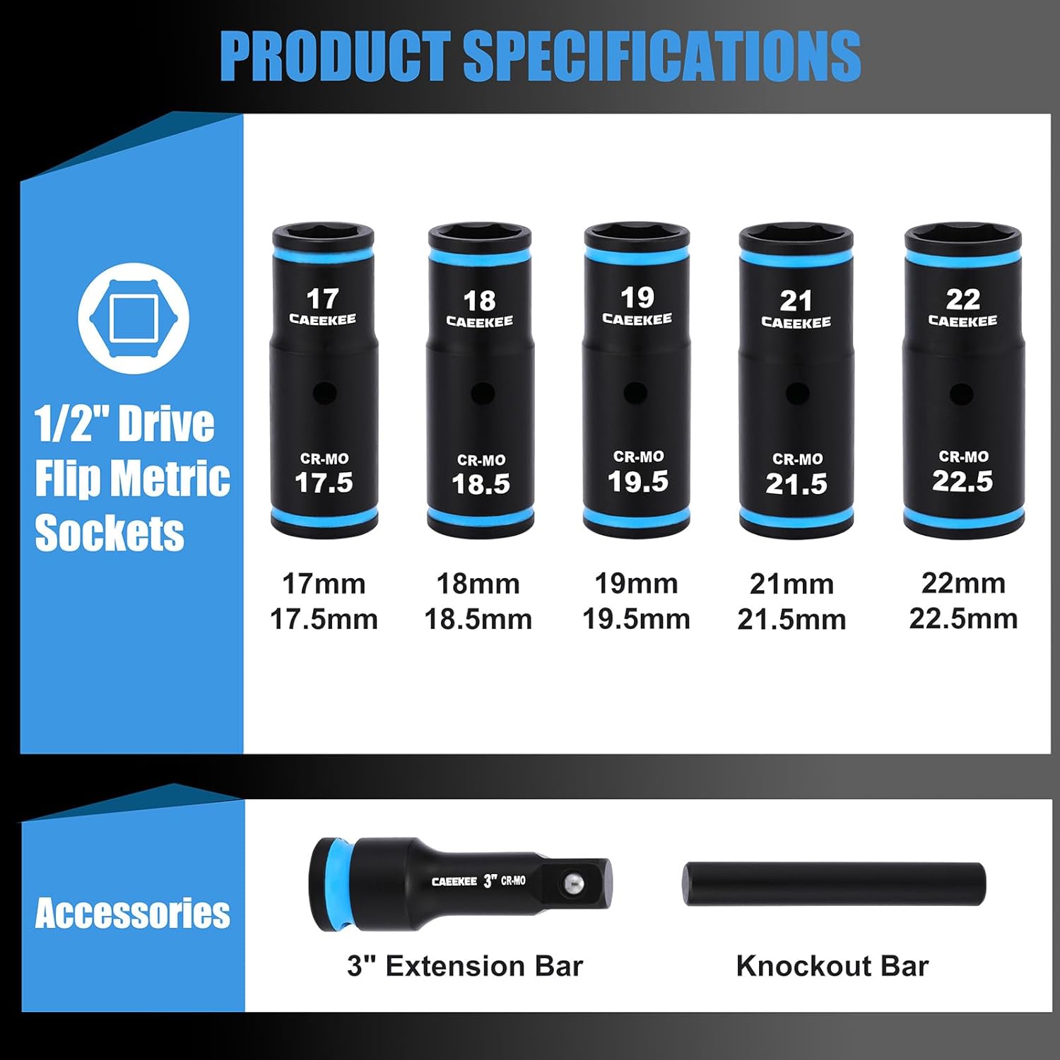 1/2" Drive Lug Nut Impact Socket Set, 7PCS Thin Wall Flip Socket Set, Half Size Metric Wheel Socket Set,17.5mm, 18.5mm, 19.5mm, 21.5mm, 22.5mm, 6 Point, CR-MO, 3" Extension Bar & Knockout Bar