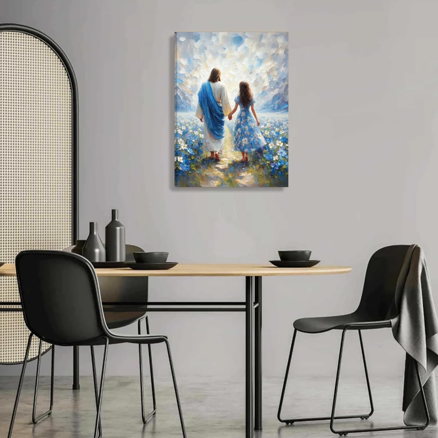 Jesus and Woman Canvas Wall Art , Christian Jesus Holding Woman's Hand Walking in the Sea of Flowers Painting Poster Wall Decor, Christian Faith Companion Healing Believer Theme Picture for Bedroom Prayer Room Office Church Home Decoration 16*24 in (Stretched Canvas on A Wooden Frame)