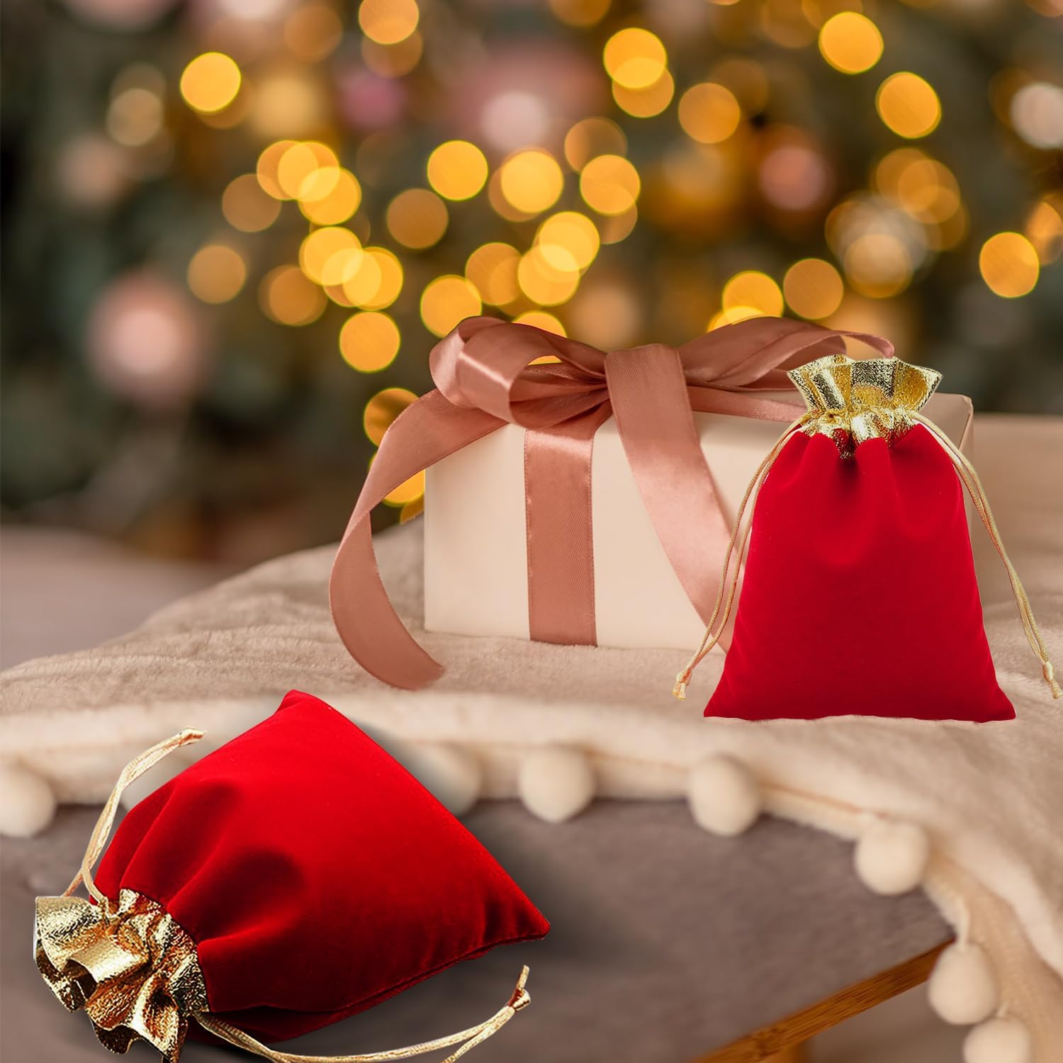 LOSYHU 50 Pack Red Velvet Bags with Drawstrings - 6x5 Inch Jewelry Pouches with Golden Rim Velvet Drawstring Bags for Wedding, Birthday, Party Favor - Image 5