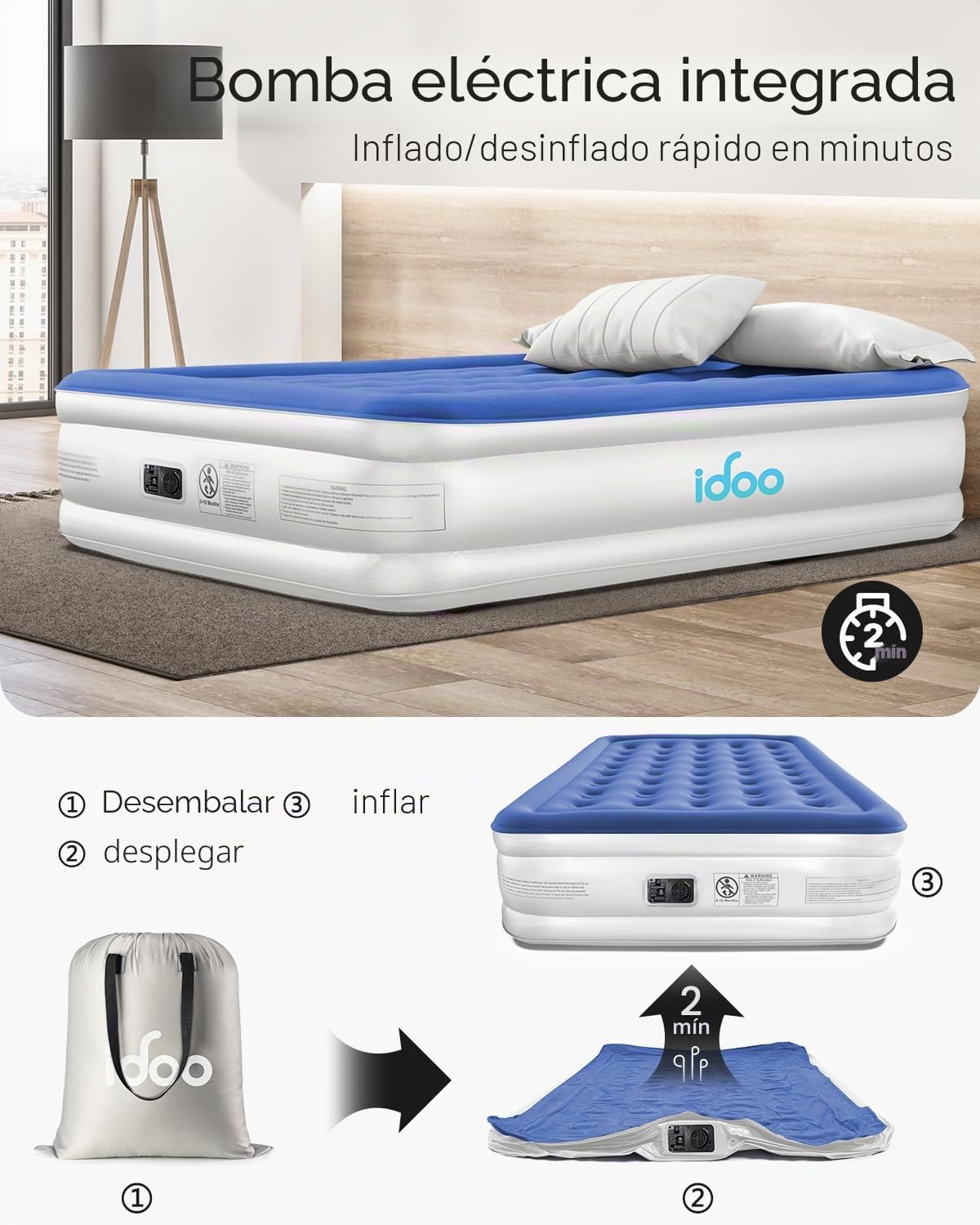iDOO Colchón Hinchable con Bomba de inflado y desinflado en Tan Solo 3 Minutos, para el hogar, Viajes y Camping, 152x203x46cm. Peso máximo:295Kg (Cama Matrimonial), Azul