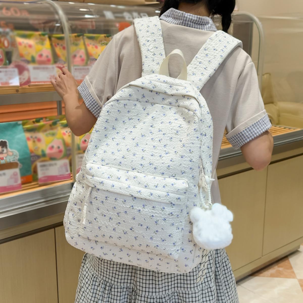 Kawaii Cute Floral Print Commuter Backpack For Women 16.5 Inch Fashion Daily Casual Lightweight Travel Bag Beige image 5
