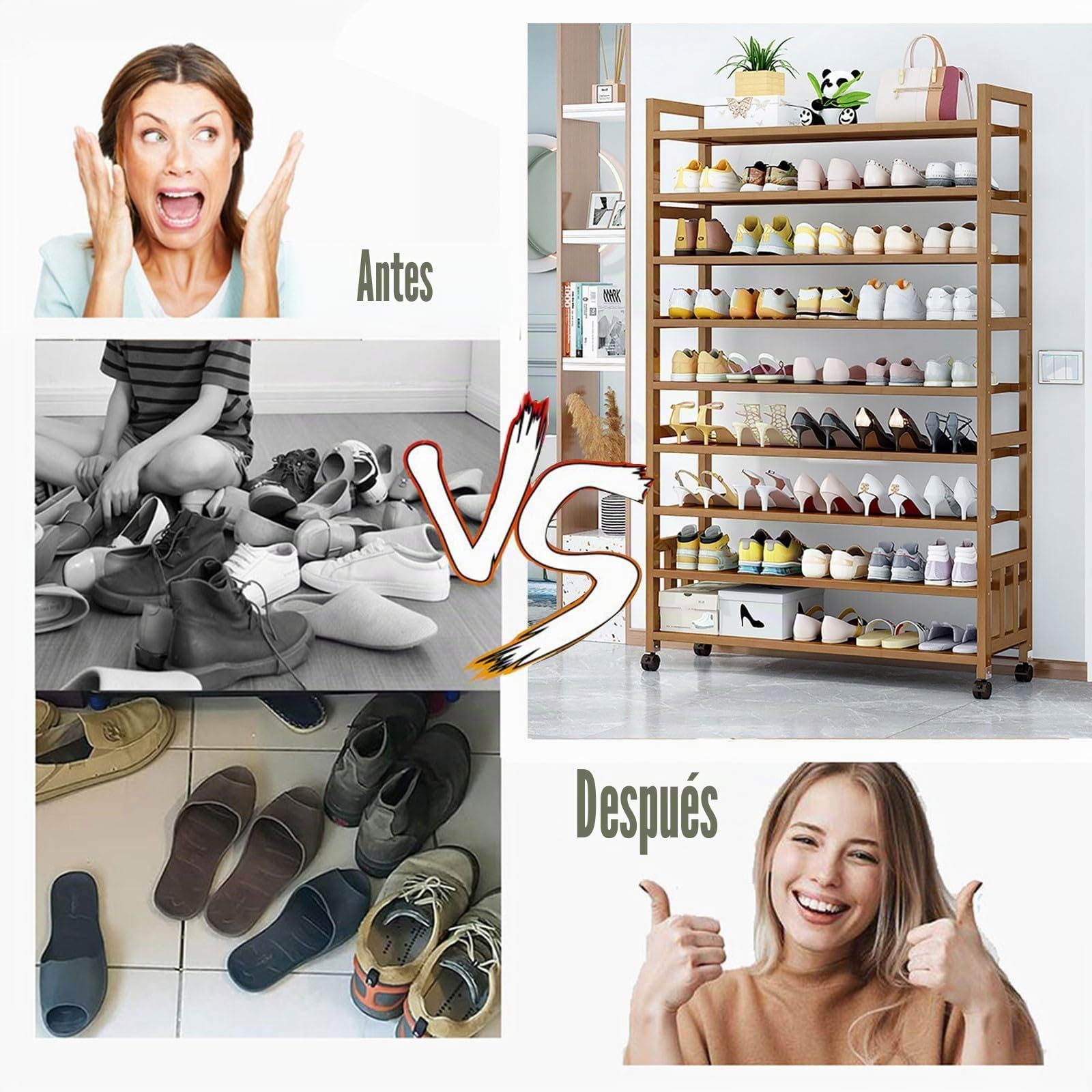 9 Niveles Zapatero de Pie para Entrada con Ruedas, Zapateros de Bambú DIY 27-45 Pares de Zapatos de Almacenamiento de pie Zapatero para Sala de Estar, vestidor y Pasillo(Color:A,Size:50CM)