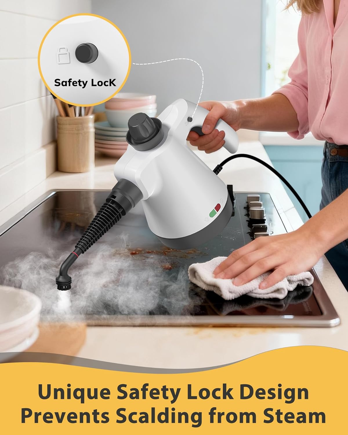 Steam Cleaner - Handheld Steam Cleaner with 12Pcs Accessories & Safety Lock, Pressurized Handheld Steam Cleaner for Home, Tile, Windows, Bathrooms, Kitchens, Grease, Car (Grey)