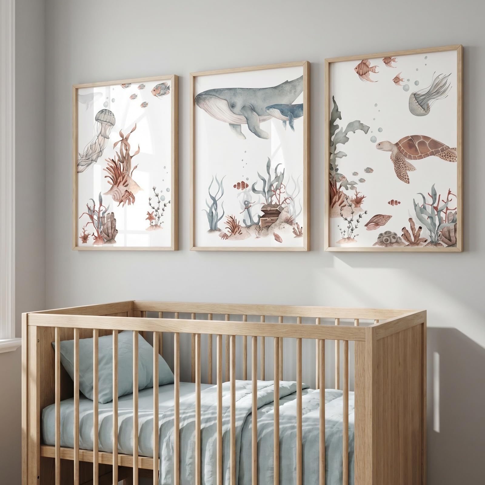 JORCEDI Boho Ocean Nursery Canvas Wall Art Set of 3, Watercolour Whale Turtle Jellyfish Posters Prints, Kids Bedroom Bathroom Decor, 21x30-50x70cm, Unframed (40x50 cm,A)
