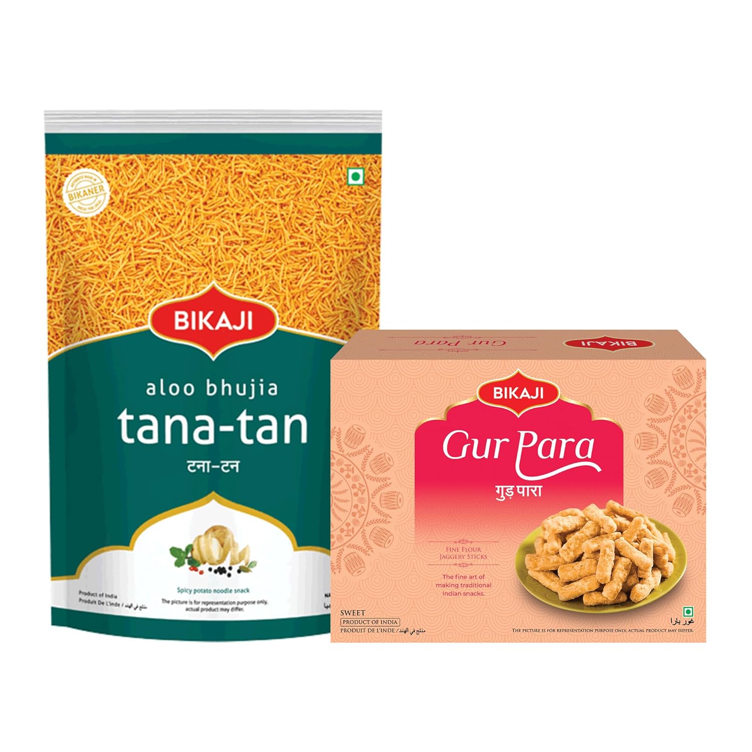 Bikaji Gur Para 400g & Aloo Bhujia 1kg Combo | Ready to Eat Indian Snack | Crunchy Bar Snack, Tea-Time Companion & Party Mix | Travel-Friendly Bite for Sharing & Snacking