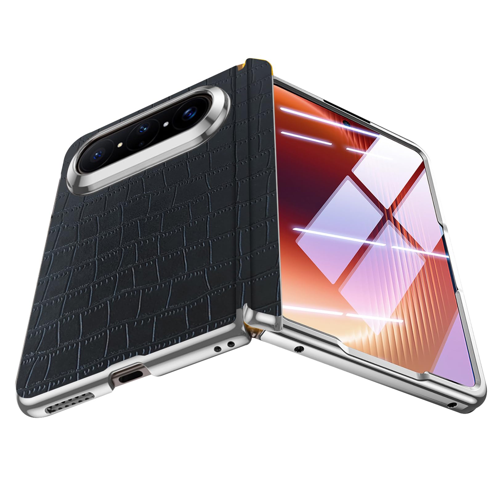 Coque Huawei Pura X Max en cuir crocodile premium avec charnière luxe noire