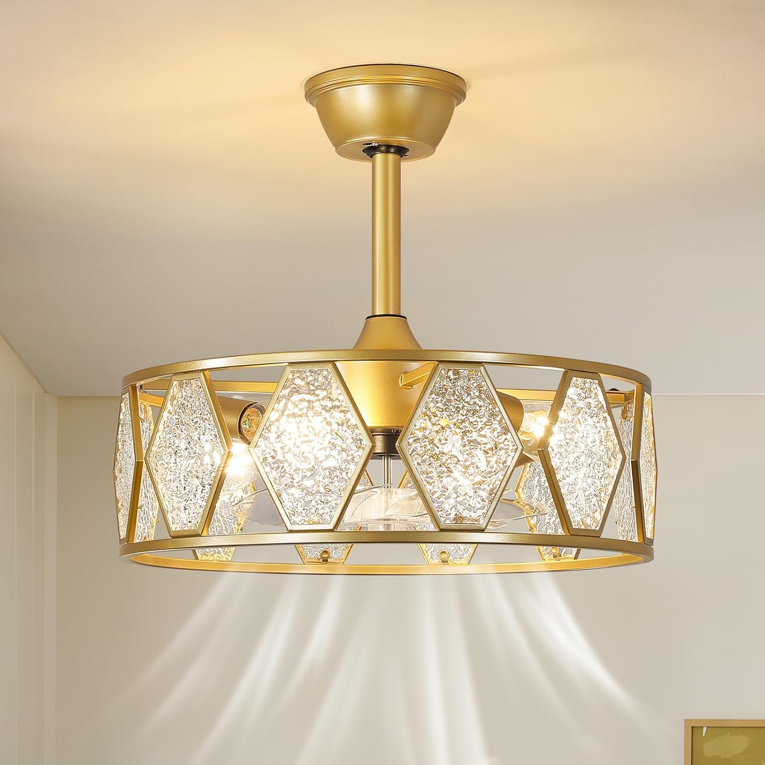 Gold Ceiling Fan with Light and Remote, 19 Inch Modern Fandelier Ceiling Fan with Brushless DC Motor, Crystal Drum Ceiling Fan with 6 Speeds and Reversible Function for Bedroom Dining Room