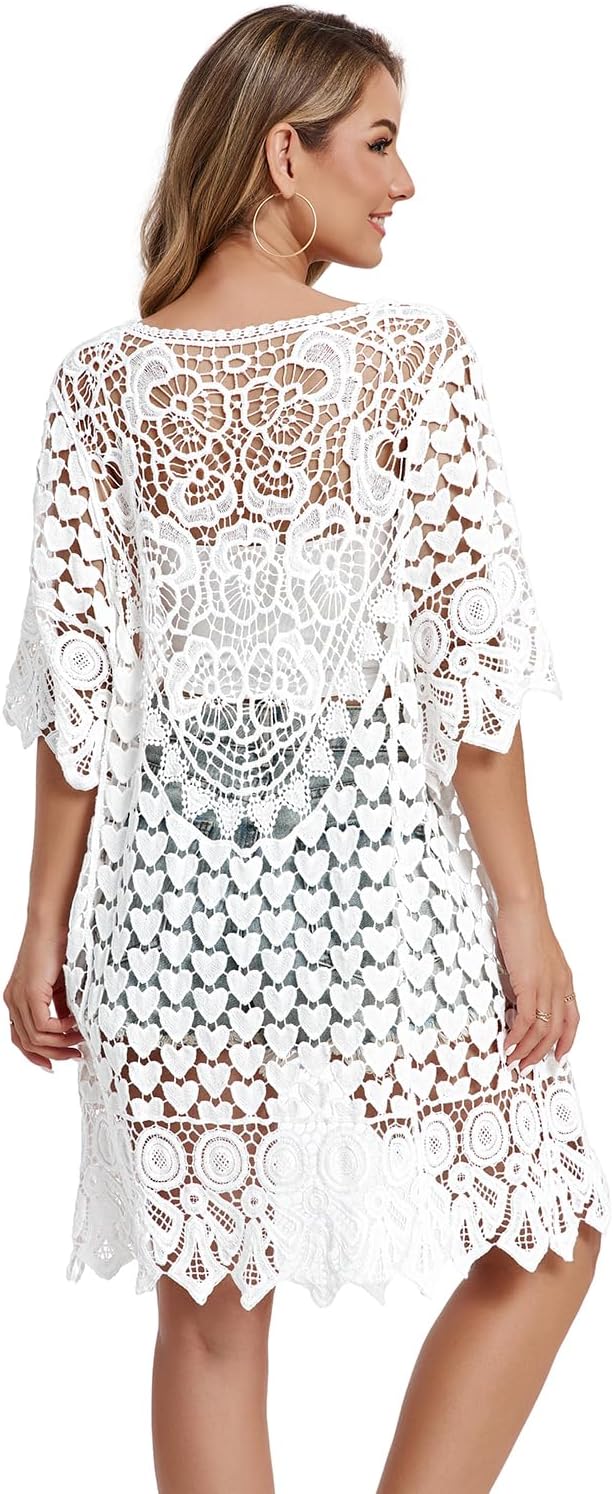 Women's Hollow Out Lace Kimono Short Sleeve Crochet Cardigan Cover up - Image 2