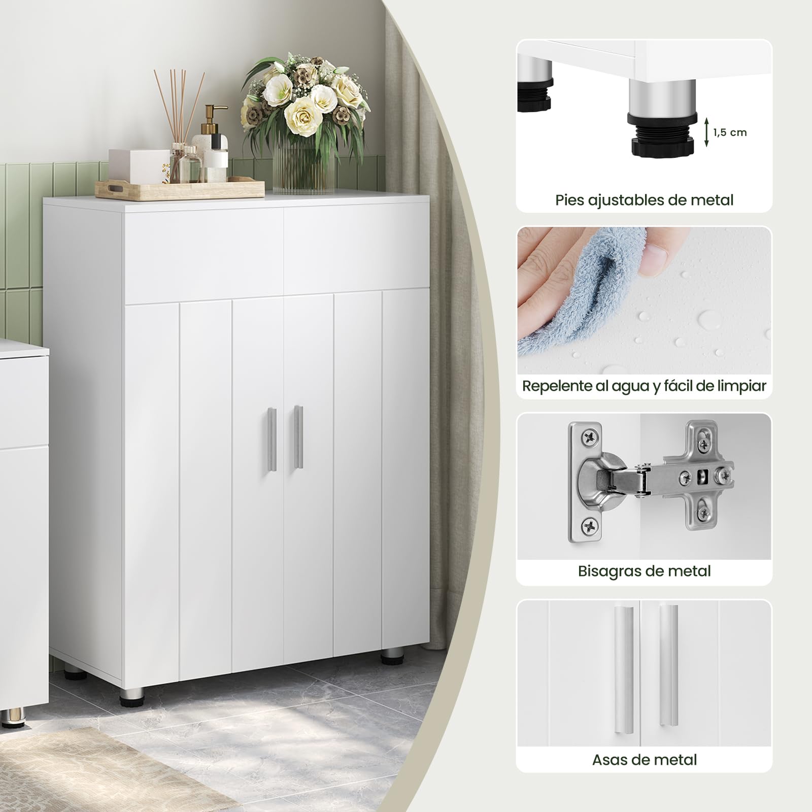 EUGAD Armario de Baño con 2 Puertas, Mueble Auxiliar con 2 Estantes, Armario Columna de Suelo para Cocina y Salón, Blanco, MDF, 60x30x82 cm