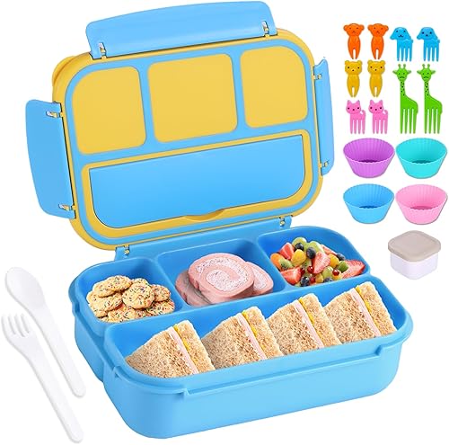 Vista 15 de Lonchera Bento para adultos, recipientes para niños y niñas con 4 compartimentos, contenedor de alimentos con utensilios, tarro de salsa, forros
