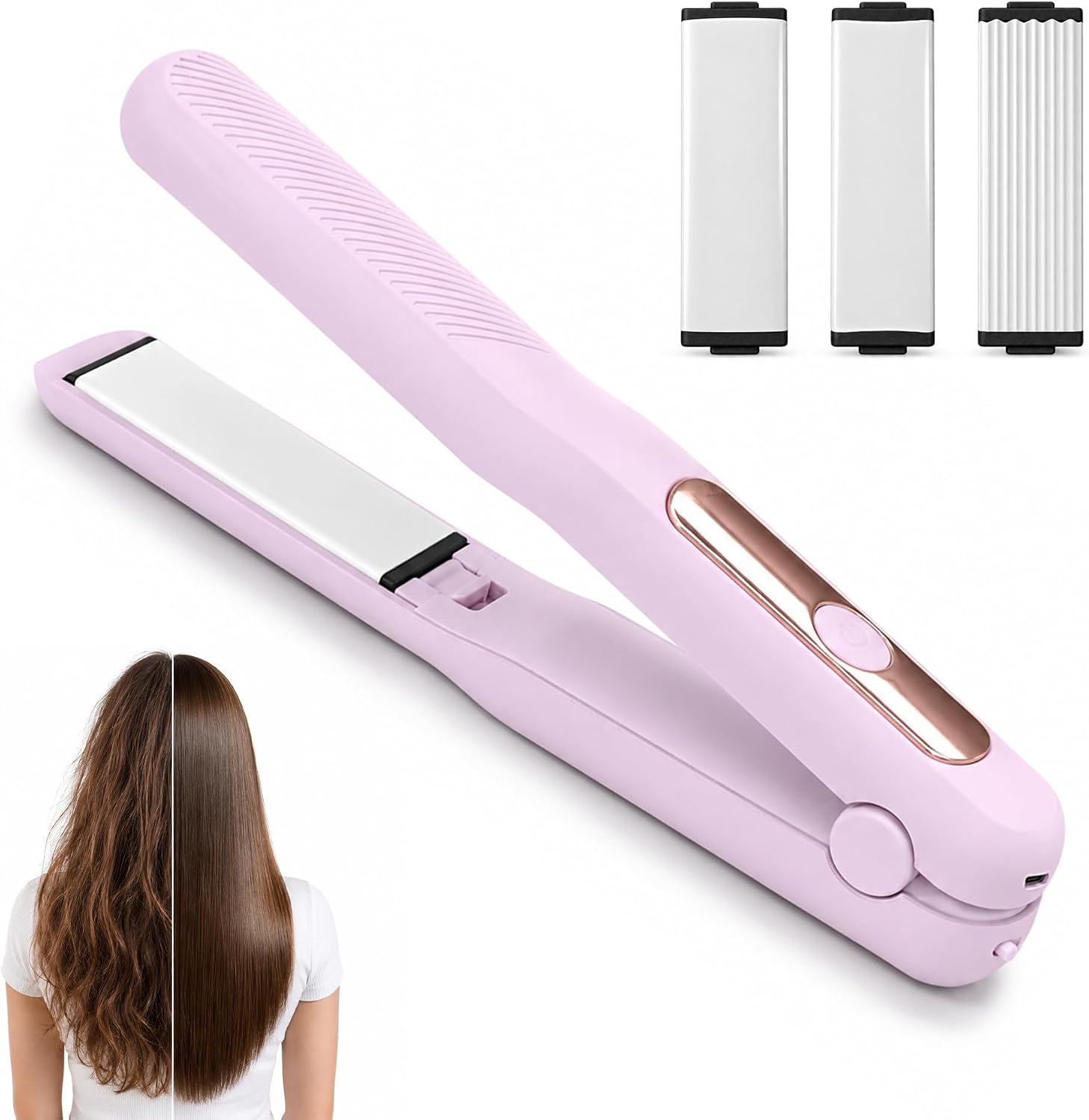 (-33%) Kabelloses Mini‑Haarglätter 5000mAh Akku, 3 austauschbare Lockenaufsätze