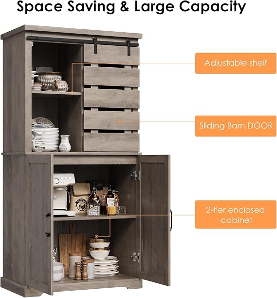BOTLOG Kitchen Pantry Cabinet, Tall Storage Cabinet with Sliding Barn Door and Adjustable Shelves, Kitchen Freestanding Cupboard for Dining Room, Living Room, Laundry