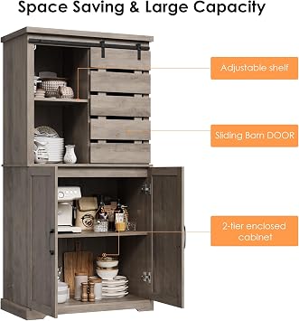 BOTLOG Kitchen Pantry Cabinet, Tall Storage Cabinet with Sliding Barn Door and Adjustable Shelves, Kitchen Freestanding Cupboard for Dining Room, Living Room, Laundry