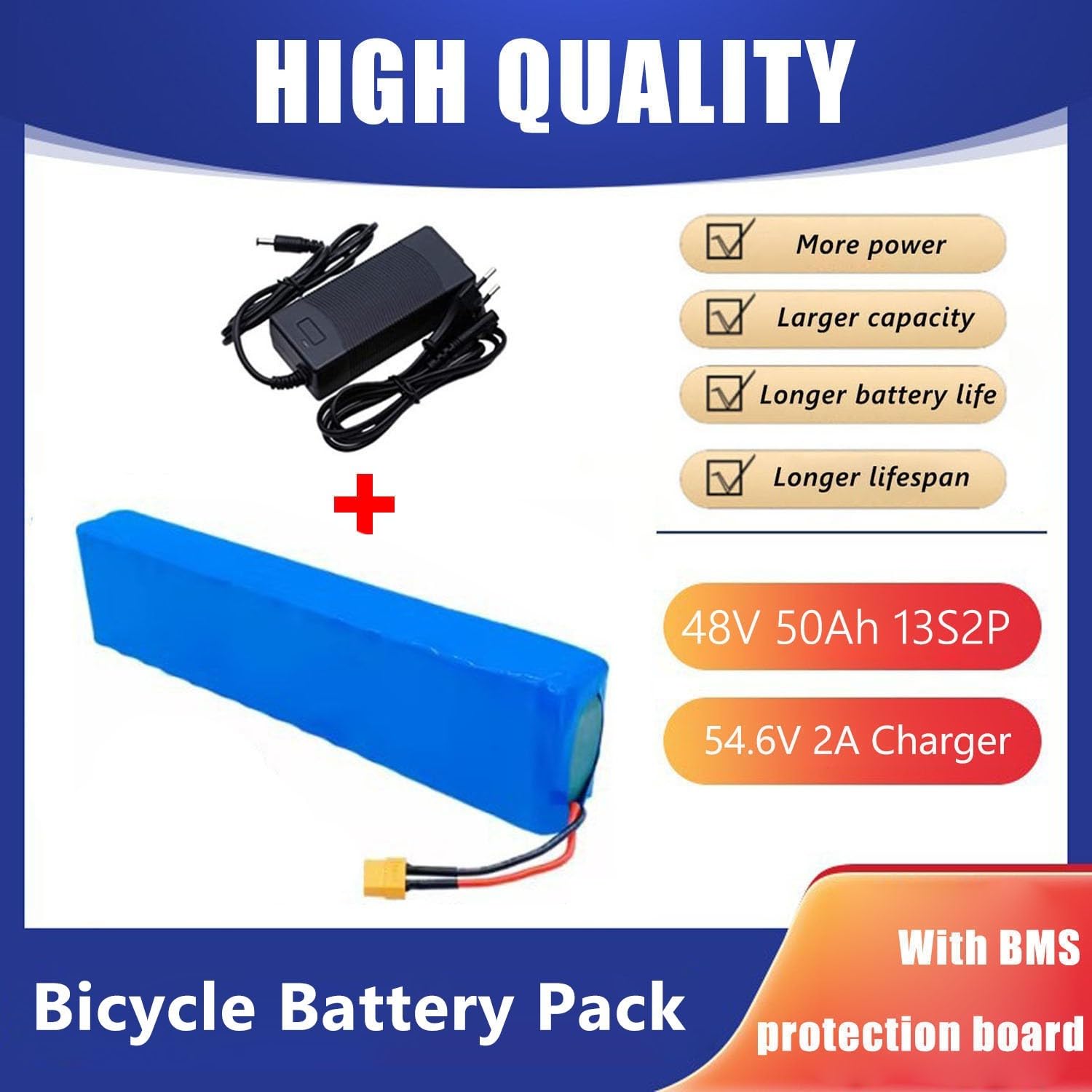 Batteria 48V 50Ah E-Bike Batteriaatteria Pacco Batteria Bicicletta Eelettrica 13S2P 48 Volt Batteria Ricaricabile per Motore con 54.6V 2A Caricabatterie
