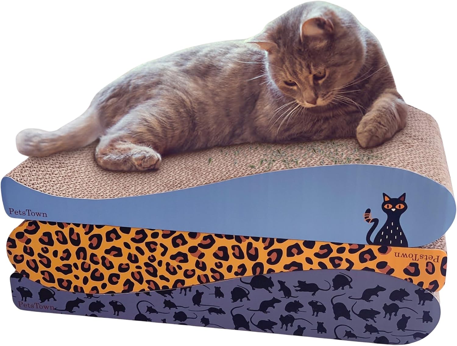 PetsTown Cat Scratcher Board 3 Pack – Cat Scratching Boards with Organic Catnip, Furniture Protector [45 x 24 x 8cms] (3-Pack Assorted)