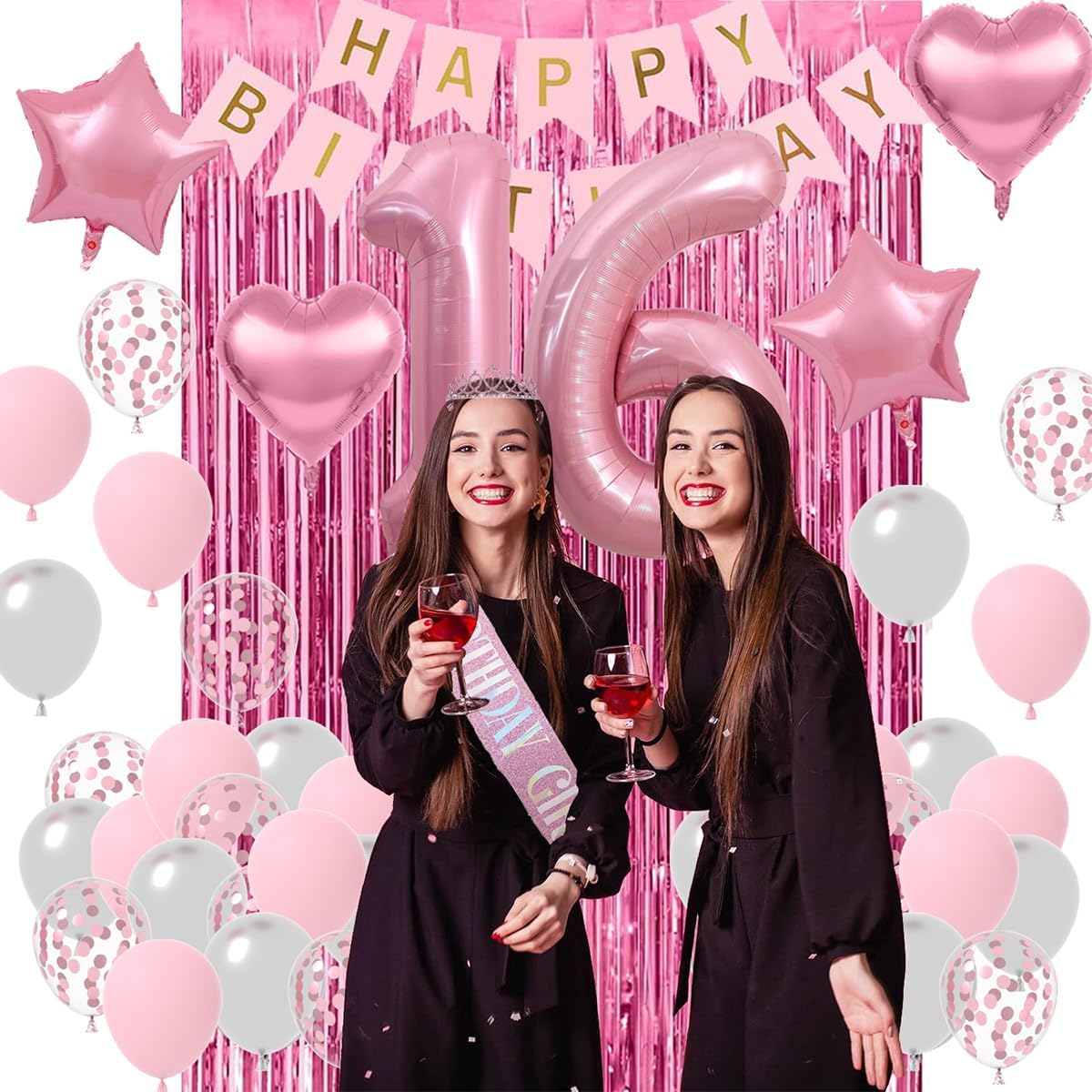 Sweet 16 Party Decorations for Girls, Pink and Silver 16th Birthday Decorations, Happy Birthday Banner Fringe Curtain Cake Topper Balloons Sash and Tiara, Pink 16 Birthday Party Supplies for Girls - Image 4