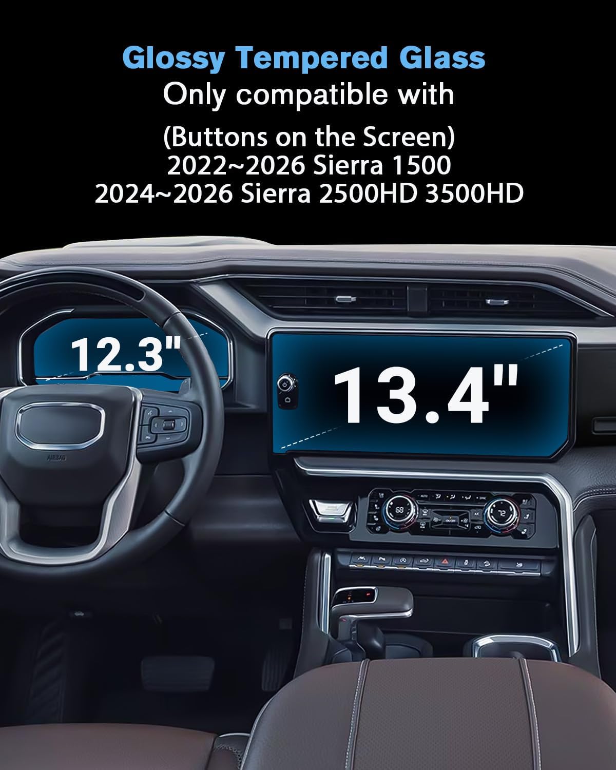For 2PCS Glossy Tempered Glass 2022 2023 2024 2025 2026 GMC Sierra 1500 & 2024 2025 2026 Sierra 2500 3500 13.4 Inch Touchscreen & 12.3 Inch Dashboard (Buttons on the Screen) Screen Protector