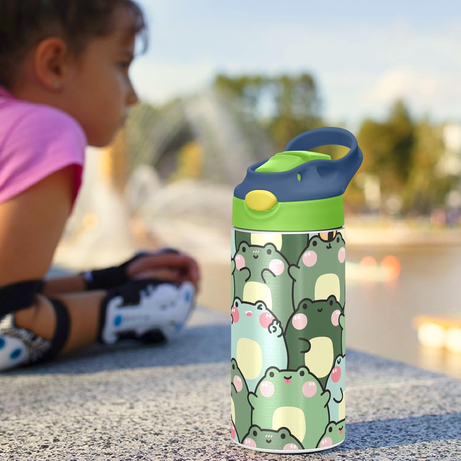 Cute Chubby Frog Kids Water Bottle, Insulated Stainless Steel Water Bottles with Straw Lid, 12 oz BPA-Free Leakproof Duck Mouth Tumbler for Boys Girls