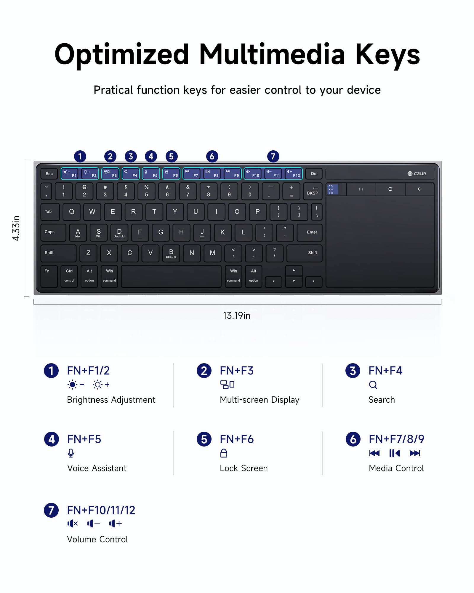 CZUR K5S Bluetooth Keyboard with Touchpad, Wireless & Wired Keyboard with Trackpad for PC, Laptop, Tablet & Phone, Multi-Device Portable Rechargeable Keyboard, for Windows/Mac/Android/iOS (No Backlit) — view 6