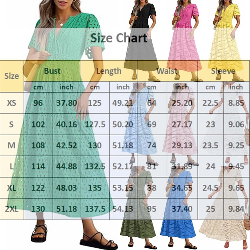 Vestido Largo de Verano de Manga Corta para Mujer, Informal, con Escote en V, Aberturas, Ojales, Cintura Alta, Volantes, Corte A, Fluido