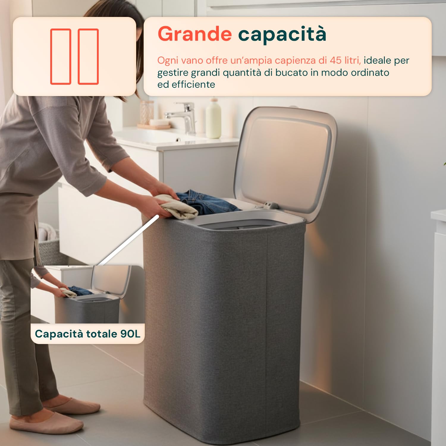 Avilia Cesta para la colada de 90 l con tapa, 2 compartimentos extraíbles y bolsas con asas, separa claros y oscuros, organizador para la colada de baño, lavandería o habitación