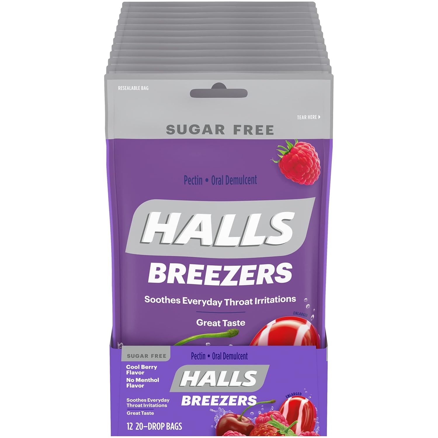 HALLS Breezers Cool Berry Sugar Free Throat Drops, 12