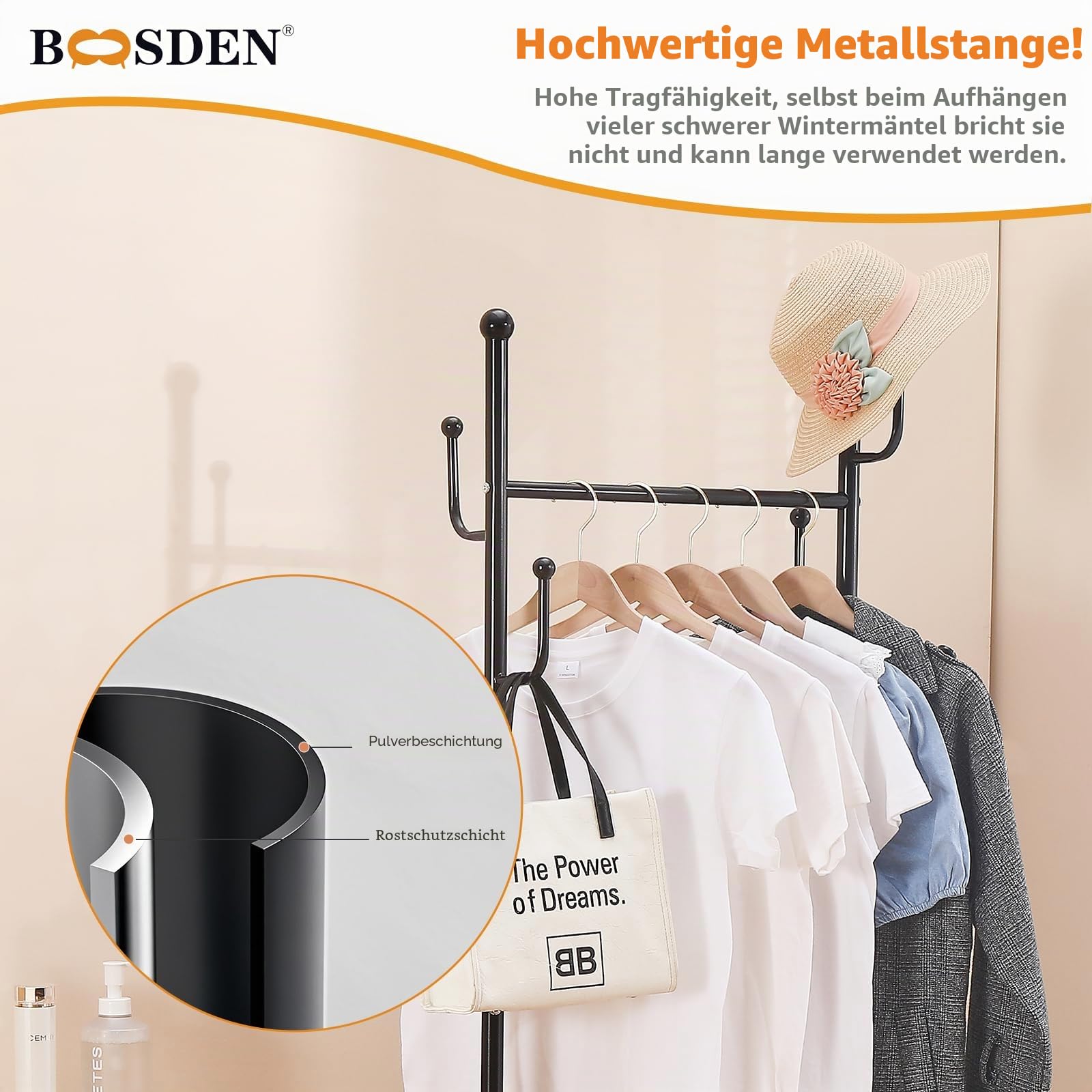 BOOSDEN Kleiderständer Metall, Kleiderständer Schwarz, 61 x 33.3 x 172cm | Kleiderstange auf Rollen, Fahrbarer Kleiderständer mit Ablage und 4 Haken, ür Mäntel, Hemden, Kleider, Schuhe und Taschen