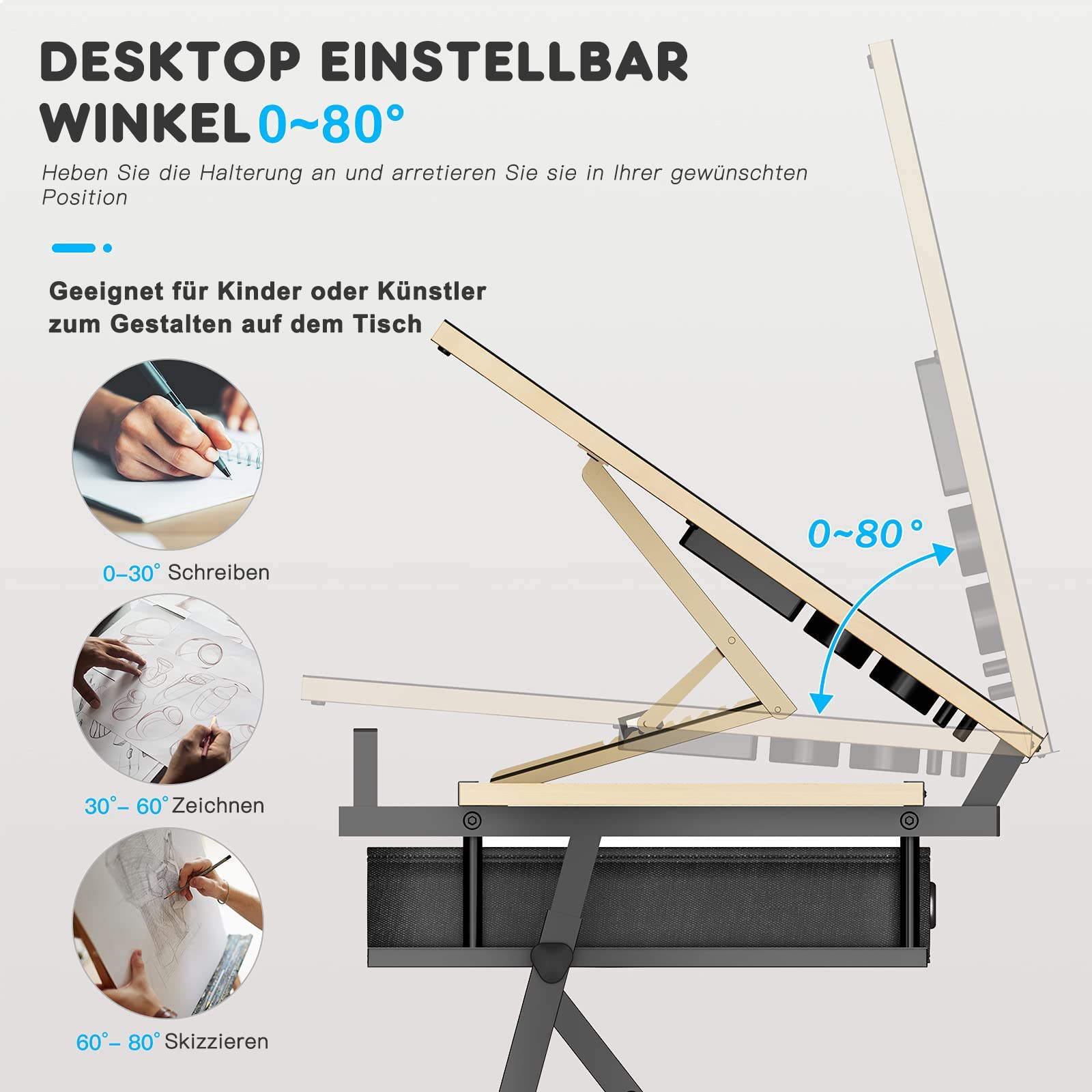 Dripex Mesa de Dibujo Profesional Inclinable Altura Ajustable, Artista de Pintura Arquitecto Estudio Dibujo Escritorio para Computadora con Taburete y 2 Cajones, Adecuado para Oficina Casa