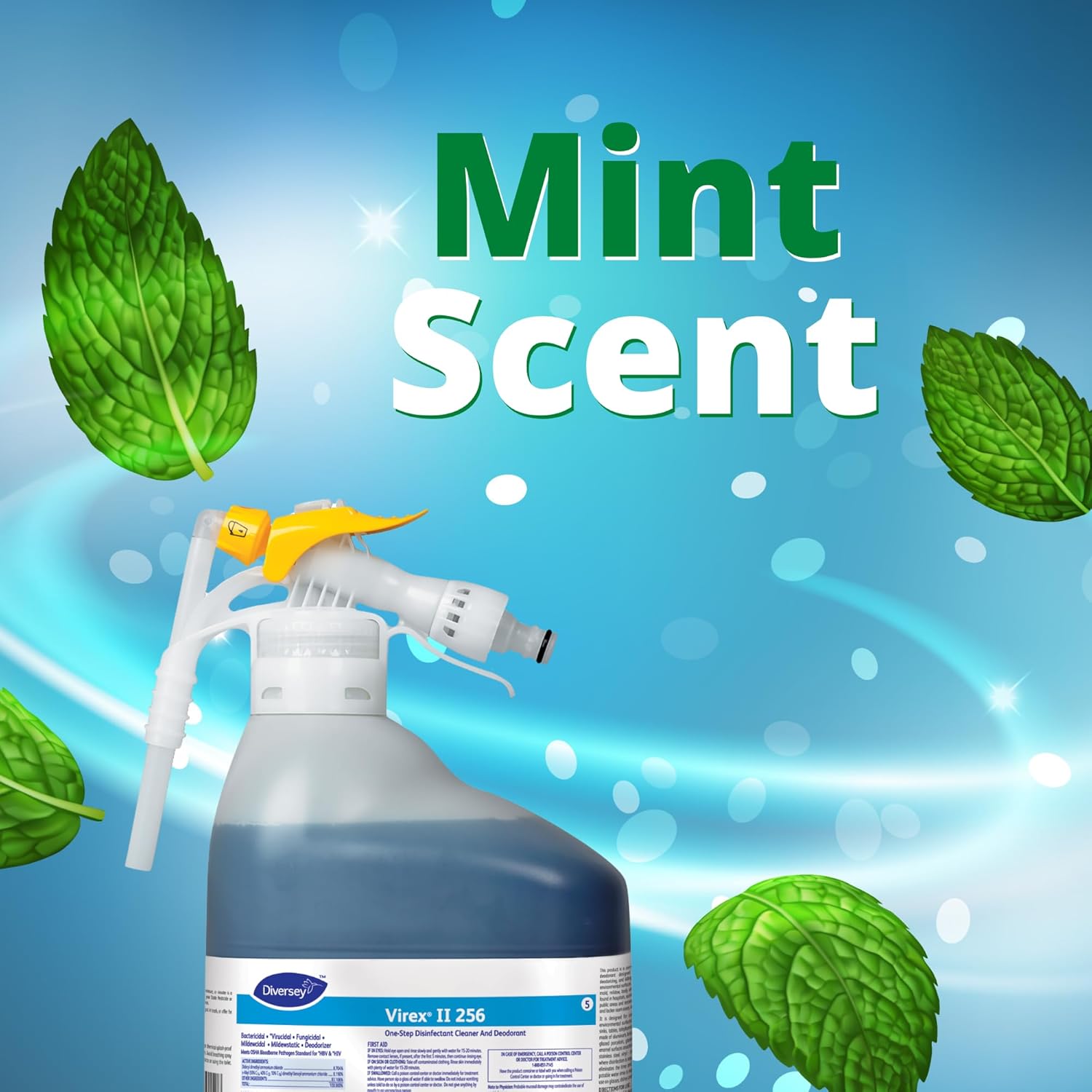 VIREX Diversey II 256 3062768 Disinfectant Cleaner and Deodorant, Hospital Grade Floor Cleaner with Mint Scent, Ready-to-Dispense (RTD) Concentrate, 5-Liter