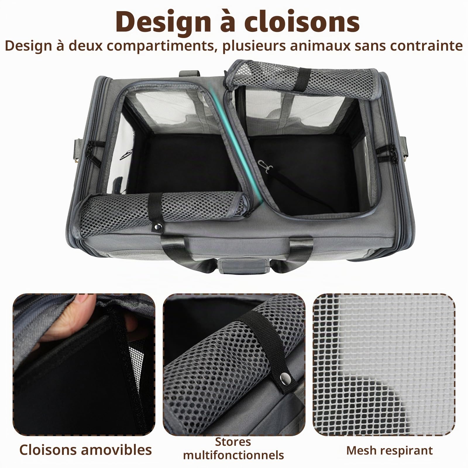 Galatée Poussette pour Animaux, Sac De Transport pour Chien avec roulettes Amovibles, Sac De Transport Portable pour Chat, Sac Pliable pour Chien, Voyage, Camping, Extérieur(Gris)
