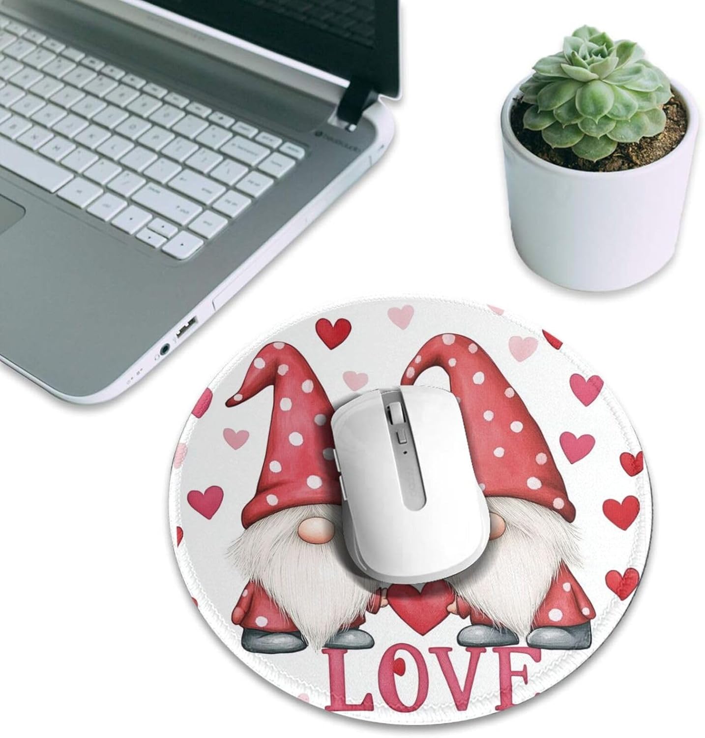 Round Mouse Pad, Happy Valentines Day Gnomes Couples Mouse Pads, Anti-Slip Rubber Base Mousepad for Laptop Home Office Desktop Accessories